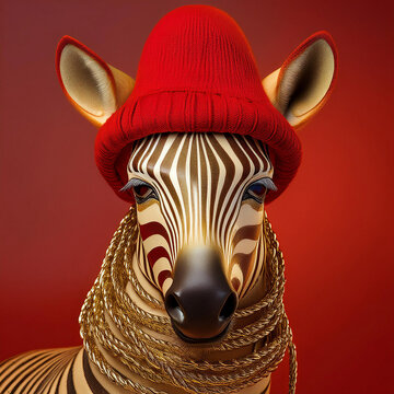Artistic zebra with gold hat; red background Image