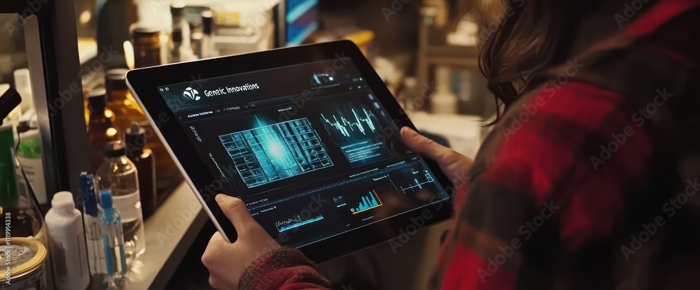 Leinwandbilder A person using a tablet displaying data and graphs in a laboratory setting.