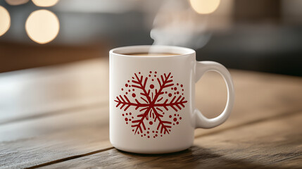 Fototapeta premium Close-up of a white ceramic mug with a red snowflake design