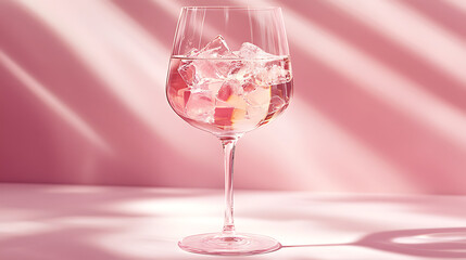 a wine glass filled with small pieces of ice and light white wine, the glass looks cold with condesation