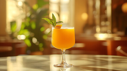 a yellow cocktail in a taller glass with a garnish on a table