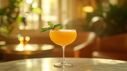 a yellow cocktail in a taller glass with a garnish on a table