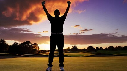 Silhouette of a Celebrating Golfer on a Golf Course at Sunset with Dramatic Sky

