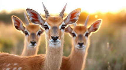 Fototapeta premium Three deer standing side by side in a field bathed in golden sunlight at dusk, their vibrant fur illuminated, conveying a sense of togetherness and warm harmony.
