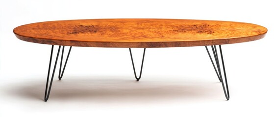 Oval wooden coffee table with black hairpin legs.