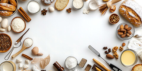 flat lay, bakery utensils and inredientes forming a frame. Copy space in the middle