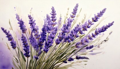 Naklejka premium Delicate watercolor lavender stems arranged in a minimalist bouquet.
