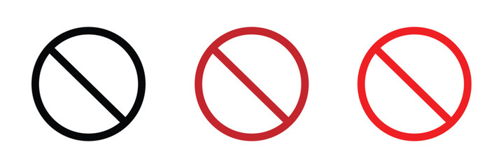 Sign forbidden. Icon symbol ban. Red circle sign stop entry and slash line isolated on white background. Mark prohibited. Round cross logo restrict entrance. Signal cancel enter. Vector illustration