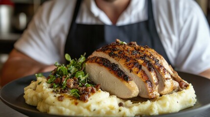 Roasted turkey breast sliced on creamy mashed potatoes with sauteed greens.