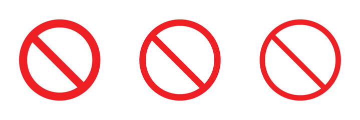 Sign forbidden. Icon symbol ban. Red circle sign stop entry and slash line isolated on white background. Mark prohibited. Round cross logo restrict entrance. Signal cancel enter. Vector illustration