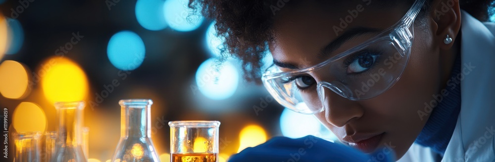 Poster a scientist in a lab, focused on experiments with colorful liquids in glassware.