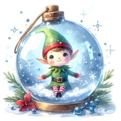 cute character, christmas elf, in glass ball, watercolor painting