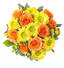 Fototapeta premium Bouquet of yellow chrysanthemums, orange roses, and green daisies on a white background. Floral arrangement for a holiday celebration gift or wedding ceremony decor