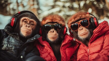 A trio of smiling chimpanzees warmly clad in winter jackets and furry hats enjoy the chilly outdoors, exuding joy and camaraderie, while wearing trendy headphones and sunglasses.