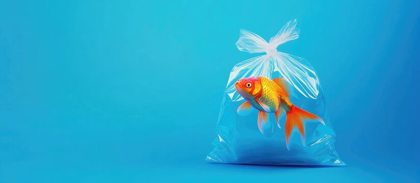Two goldfish trapped in a plastic bag on a blue background.