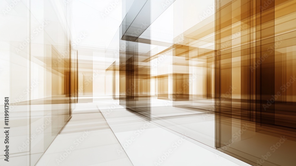 Poster Abstract architectural space with overlapping transparent structures and warm tones.