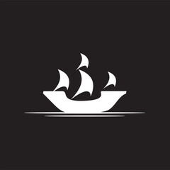 Simple sailboat, dhow boat, ship on ocean waves in black and white art style for Sailing Travel Transportation logo design