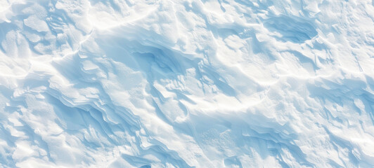 Top view of fresh untouched snow with fine detailed texture and light shadows. Concept of winter scene, natural beauty, serene landscape, cold season. Background. Banner. Copy space