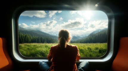 A lone traveler gazes out a train window at a vast, serene landscape of sunlit fields and...