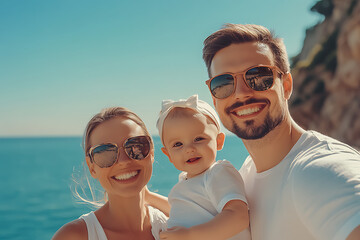 Obraz premium happy family of three dad mom and toddler, vacations, beautiful sea side, sunny weather