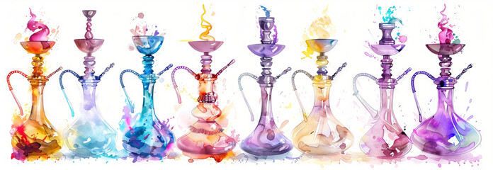Colorful watercolor illustration of various hookahs on white background. Concept of smokable art, traditional paraphernalia, vibrant decor, cultural elements