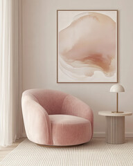Minimalist, japandi interior design of modern stylish living room. Accent pink armchair against window.