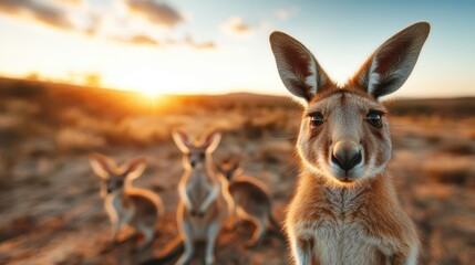 Fototapeta premium A curious kangaroo gazes directly at the lens, bathed in the soft hues of a setting sun, capturing a moment of mindfulness and natural curiosity.