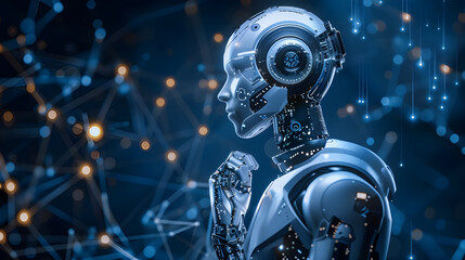 Futuristic humanoid robot contemplating, digital network background.