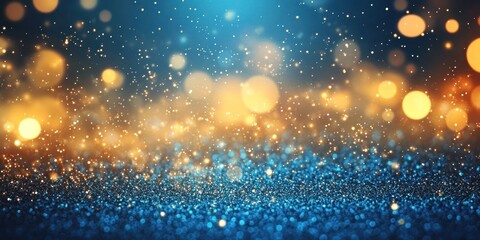 Sparkling and dreamy abstract background, blending festive hues of blue and gold, with tiny glitter particles and glowing bokeh lights.