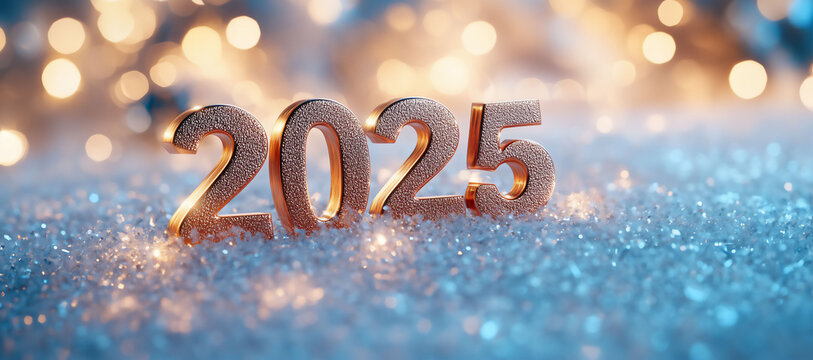 2025 New Year Celebration Concept: Describes the word "2025" in gold letters with bokeh light and sparkle effects