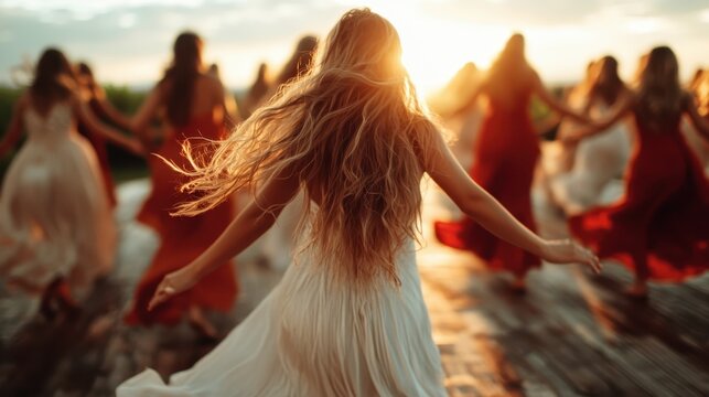 A group of women dances in a circle under the golden sunset light, dressed in flowing dresses, capturing the essence of joyous celebration and femininity.
