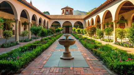 Fototapeta premium Historic courtyard of a monastery with fountains and greenery under a clear blue sky. Architecture, traditional design, tranquil scenery, cultural heritage