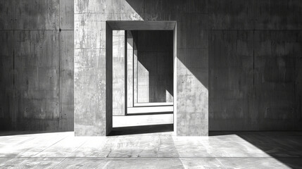 Concrete Architectural Passage. Modern Minimalism and Light Play in a Sunlit Enclosed Space. Minimalist empty interior. Copy space