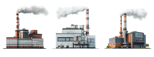 Industrial Factory Set with Smoke on Transparent Background