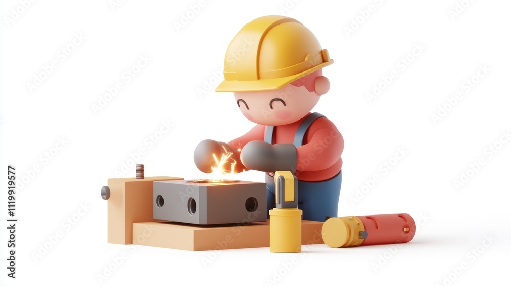 Aufkleber a cartoon character in a hard hat working with metal, creating sparks in a workshop setting.