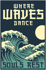 Big ocean waves are dancing under the moon in this asian inspired poster design, evoking a sense of tranquility and wonder, where souls can find rest