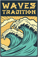 Obraz premium Large ocean waves crashing with stylized foam create an asian inspired poster design, capturing a powerful blend of tradition and nature's dynamic energy
