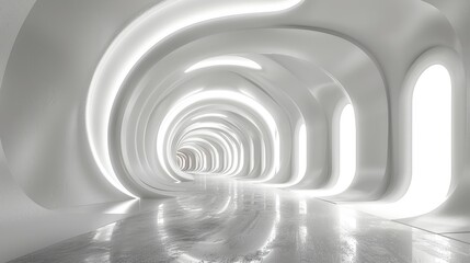 Abstract white tunnel with glowing arches and reflective floor.