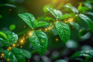 Biotechnology conceptual background. Environment conservation backdrop with green plant and glowing digital golden nodes.