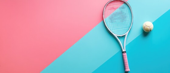 Tennis racket and ball on pink and blue background.