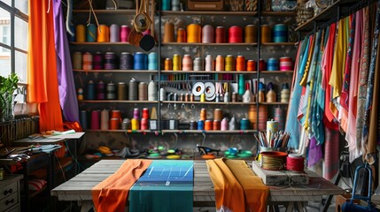 Obraz premium Cozy Sewing Workshop with Colorful Fabrics and Tools. Concept of Crafting, Creativity, Needlework, Artistic Design, and Handmade Projects