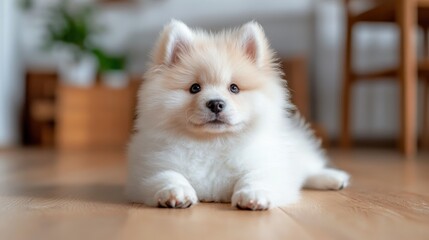 A fluffy white puppy with a gentle demeanor poses indoors on a wooden floor, radiating warmth and showcasing a serene expression of calmness and peace.