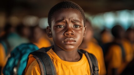 Fototapeta premium A young boy wearing a yellow shirt and backpack stares intently with a serious expression, embodying focus and determination in a school environment.