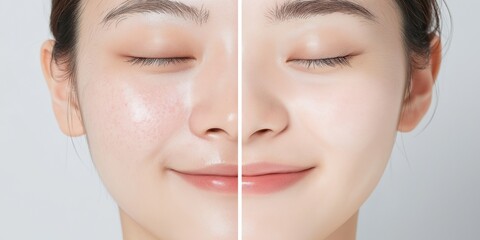 スキンケアによる変身分割画面: 透明感のある肌へのビフォーアフター
