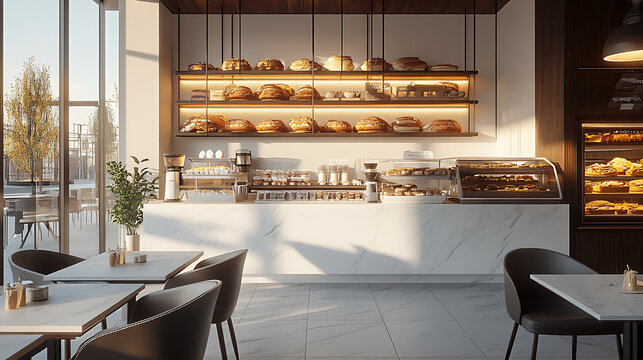 render 3s room of a chic bakery, seen from the front. counter, tables and lamps