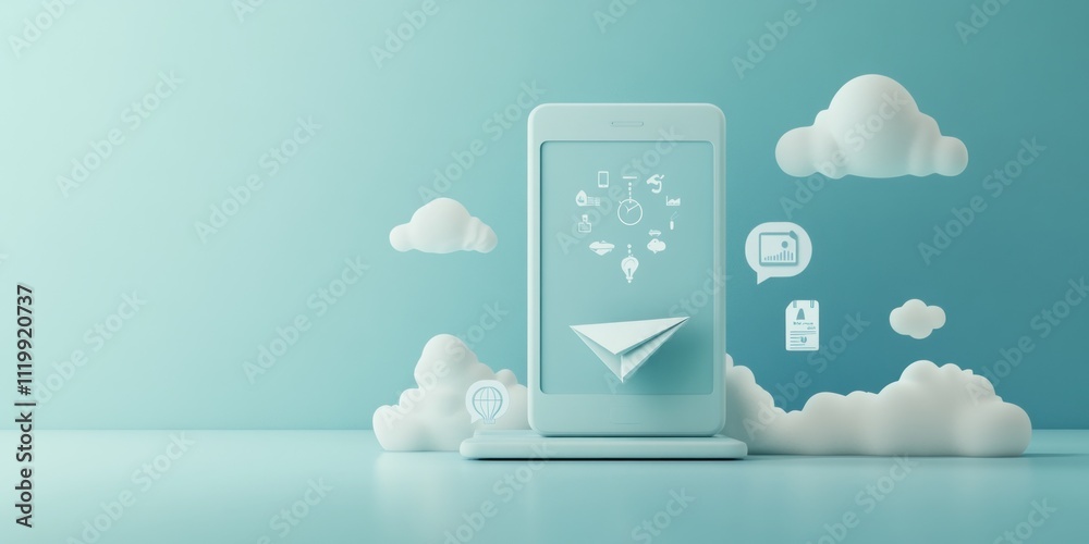 Poster a minimalist smartphone design with cloud icons representing digital communication.