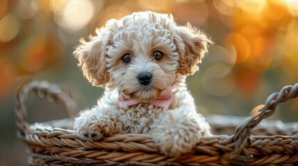 Adorable cream-colored poodle puppy in a wicker basket, wearing a pink bow tie, sits against a blurred autumn background.
