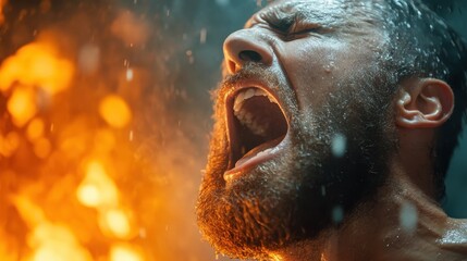 A powerful capture of a man yelling passionately as fire roars around him, showcasing a mix of intense emotions and dramatic heat in a vivid scene.