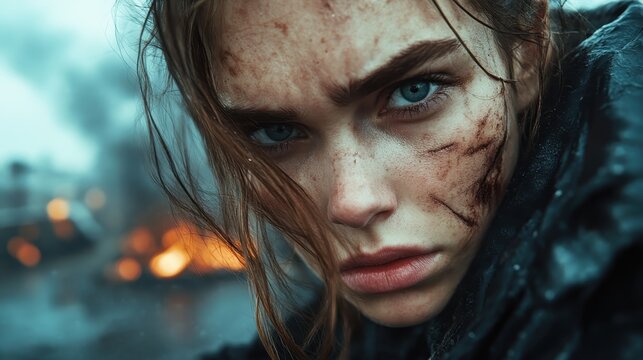 A fierce woman with a scratched face stares resolutely forward amidst a chaotic backdrop of ruin, representing resilience, defiance, and unbreakable spirit.