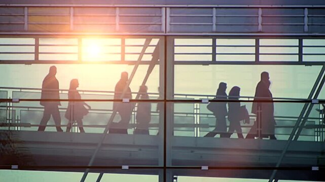Silhouettes of various Travelers in the Airport Terminal during a vibrant Sunset glow